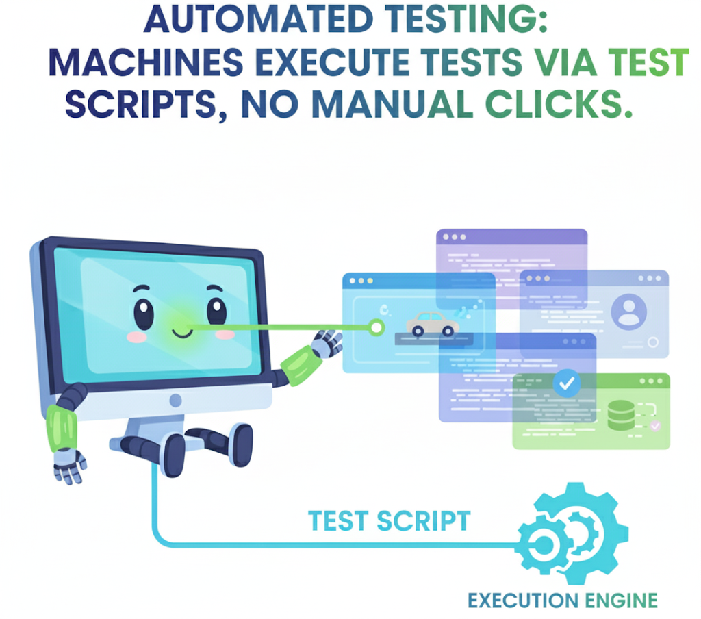 Machine Executes tests via test scripts, No manual clicks. 