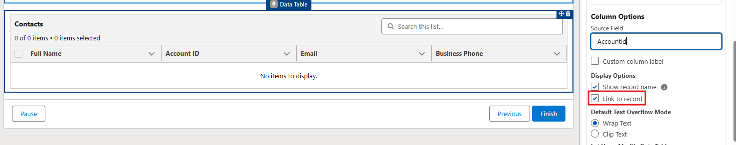 Record Link Data table